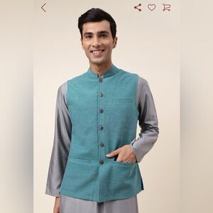 NWT Fabindia Teal Sleeveless Nehru Jacket 100% Khadi Cotton handwoven lined XL